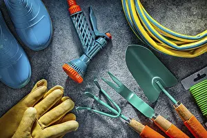 Flat Lay Composition Drucke: Set Of Garden Tools In Flat Lay Composed