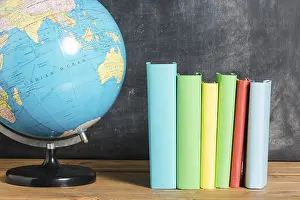 Educational Institution Drucke: Set multicolored books globe