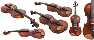 Bright Studio Lighting Setup Drucke: Set of old violins against white background