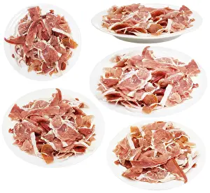 Sliced Pork Meat Drucke: Set of plates with sliced, dried ham