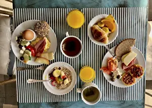 Bread And Cheese Platter Drucke: Set table with breakfast for two