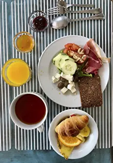 Deserted Dining Table Drucke: Set table with breakfast for one person
