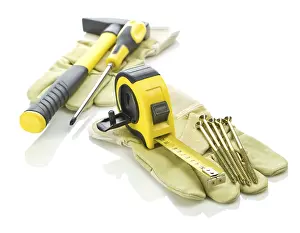 Industrial Equipment Drucke: Set of tools on gloves