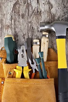 Handmade Craftsman Work Drucke: set of tools in tool box on a wooden background