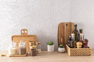 Contemporary Kitchen Design Drucke: A set of various kitchen utensils and cans