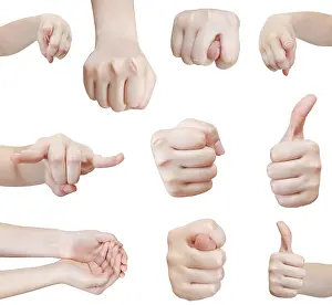 Studio Shot Drucke: Set of front view of a hand gesture against white background