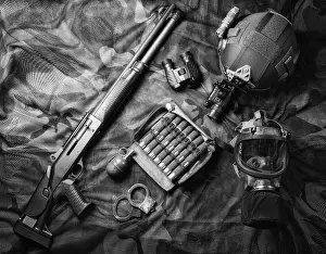 Deserted Crime Scene Drucke: Set of weapons of a fighter of a special unit