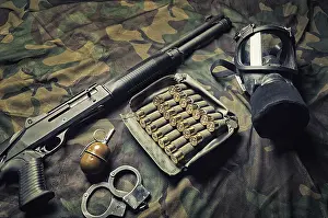 Deserted Crime Scene Drucke: Set of weapons of a fighter of a special unit