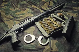 Deserted Crime Scene Drucke: Set of weapons of a fighter of a special unit