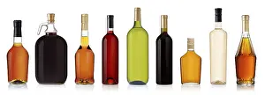 Studio Shot Wine Drucke: Set of wine and brandy bottles