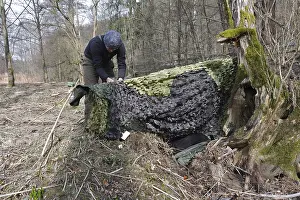 Mountain Stream Scenery Drucke: Setting up a camouflage hideout by a mountain stream