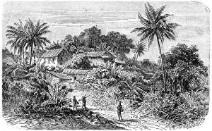 Drucke von Für eine Siedlung am Fluss Cameroon, antike gravierte Illustration. Journal des Voyage, Reisejournal, (1880-81) Kamerun Drucke: Für eine Siedlung am Fluss Kamerun.