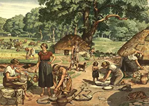 Historical Illustration Art Drucke: Settlement from the early Stone Age