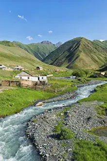 Mountain River Landscape Drucke: Settlement along a mountain river Naryn