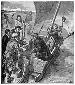 Drucke von Sieben Jahre in der Heimat des Atlantischen Kabeljau, Sleigh-Veil, antikes graviertes Illustration. Journal des Voyage, Reisejournal (1880-81) Kabeljau Im Atlantik Drucke: Sieben Jahre im Land der Atlantikmakrele.