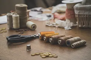 Handicraft Symbolism Drucke: Sewing concept. Scissors, threads and buttons