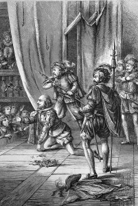Historical Wood Engraving Art Drucke: Shakespeare as an actor wearing chains