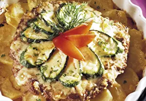 Fresh Dairy Product Photography Drucke: Shepard's Pie with courgettes and tomatoes
