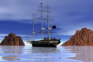 Rocky Waterfront Scene Drucke: Ship between rocks, 3D graphics