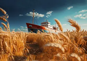Eastern European Scenery Drucke: A ship sails through a wheat field