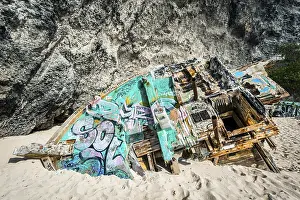 Landschaftsmalerei Drucke: Schiffbruch, Wrack, farbenfroh, Meer.