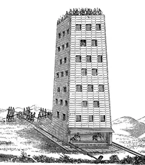 German Federal Republic Illustration Drucke: Siege tower or breaching tower or siege engine from the time of the second crusade