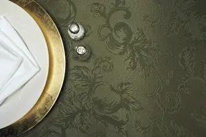 No People In The Room Drucke: Silk background and plate setting overhead