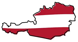 Drucke von Einfache Landkarte der Österreichischen Kontur, mit leicht gebogener Flagge darunter Karte Drucke: Einfache Karte der österreichischen Grenze.