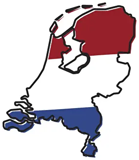 Drucke von Vereinfachte Karte der Niederlande-Umrisse, mit leicht gebogener Flagge darunter Karte Drucke: Einfache Karte der Niederlande-Umrisse.