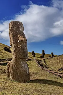 Moai Statue Drucke: A single moai in the foreground with other statues in the background on a hill