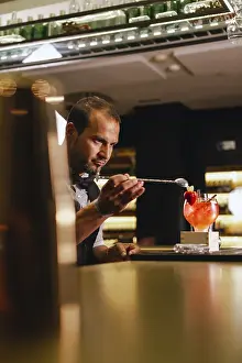 Elegant Drink Presentation Drucke: A skilled bartender creates a cocktail