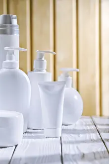 White Table Setup Drucke: Skincare composition on the old white table