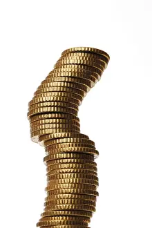 Euro Coin Stack Drucke: Slanted stack of euro coins, stack of money
