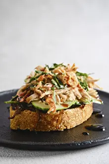 Savory Food Photography Drucke: A slice of toast is topped with pulled pork