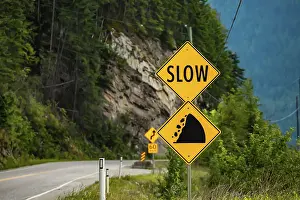 Yellow Road Sign Drucke: Slow, Watch for fallen rock and be prepared to avoid a collision