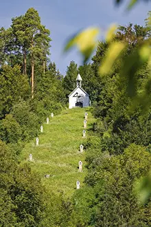 Abandoned Chapel In Europe Drucke: Small chapel on a hill in the forest