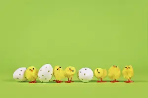 Embellished Easter Eggs Drucke: Small decorative easter chickens and eggs in a row on green background