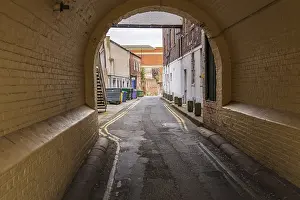 Drucke von Eine kleine Straße mit Müllbehältern an der Seite, gesehen in Carlisle, Cumbria, England, UK Carlisle Drucke: Ein kleiner Straßen mit Müllbehältern an der Seite.