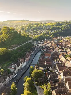 Southern Germany River Views Drucke: Small town view with river and bridge