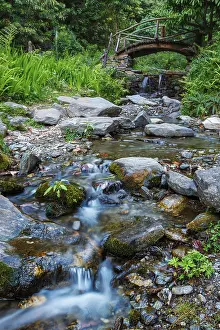 Mountain Stream Landscape Drucke: Small waterfall on mountain stream with small bridge