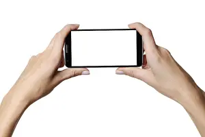 Woman Holding Cell Phone Drucke: Smartphone with blank screen