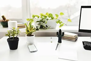 Home Office Setup Ideas Drucke: Smartphone on white table, work from home