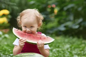 Watermelon Nutrition Drucke: Smiling child eats watermelon outside in summer