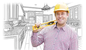 Residential Home Design Drucke: Smiling contractor in hard hat with level over custom kitchen drawing