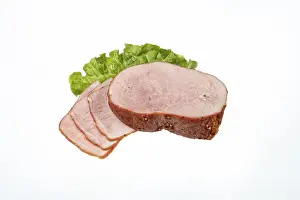 Meat Products Drucke: Smoked beef and greenery on an isolated studio background