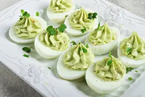 Homemade Breakfast Ideas Drucke: Snack, stuffed eggs with avocado