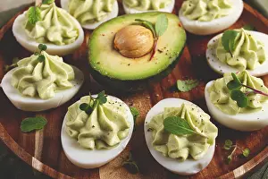 Fresh Avocado Ingredients Drucke: Snack, stuffed eggs with avocado