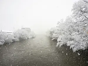 Deserted Village In Snow Drucke: Snowfall, river Mur in winter, snow on trees