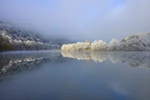 Snow Covered Trees Europe Drucke: Snowy trees are reflected in the quiet river