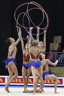 Drucke von Bulgarien - Sofia, 15. September 2018: Das Team Ungarn nimmt an den Rhythmusgymnastik-Weltmeisterschaften 2018 teil. Gruppenturnier Sofia Drucke: Sofia, Bulgarien - 15. September